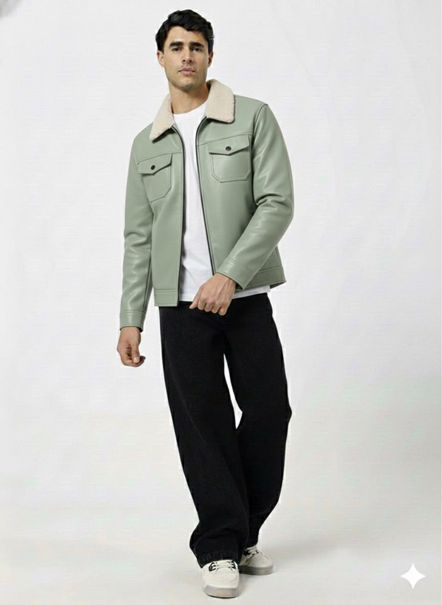 Men’s Premium Leather Winter Jacket with White Fur Collar