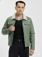 Men’s Premium Leather Winter Jacket with White Fur Collar