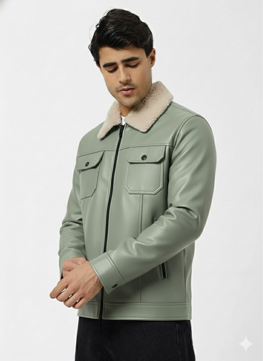 Men’s Premium Leather Winter Jacket with White Fur Collar