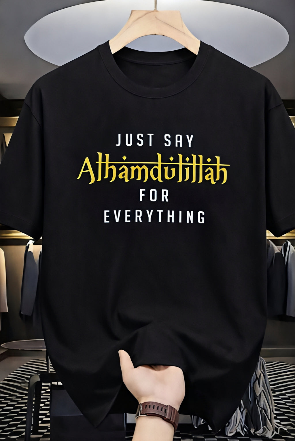 Men’s Black Alhamdulliha Arabic Calligraphy Islamic Cotton T-Shirt